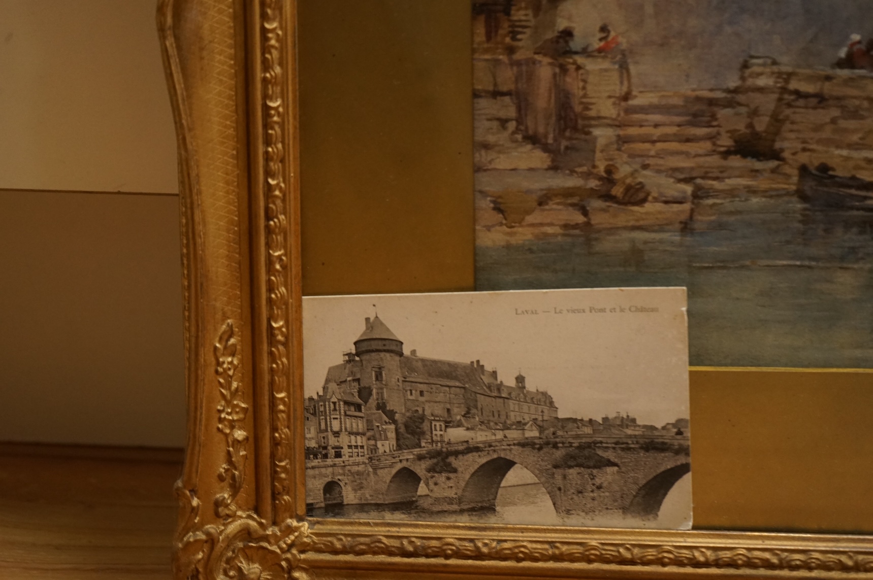 Paul Marny (1829-1914), watercolour, ‘Pont Vieux, Laval’, signed, ornate gilt framed, 38 x 51cm